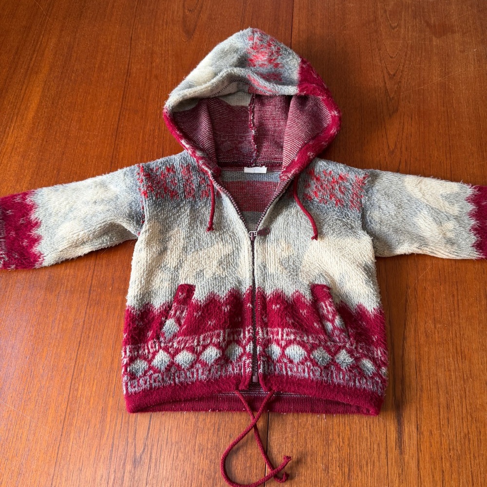 Artesanias Tuntaquimba Wool Llama Hoodie Kids Red Grey Zip Up Sweater Ecuador 2